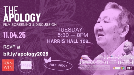The Apology Film Screening graphic, Nov 4th 5:30 pm in Harris 108